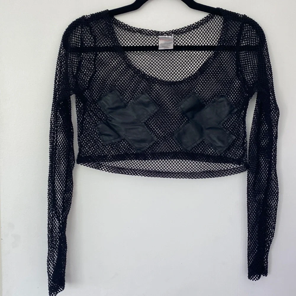 Starling Sexy Long Sleeve Fishnet shirt short top with X over chest! - Picture 1 of 3